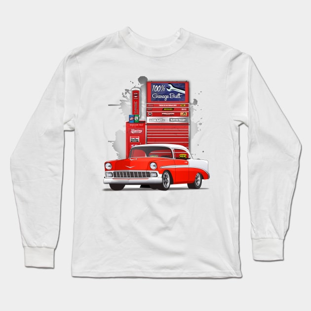 1956 Matador Red and White Chevy Bel Air Garage Built Print Long Sleeve T-Shirt by RPM-ART